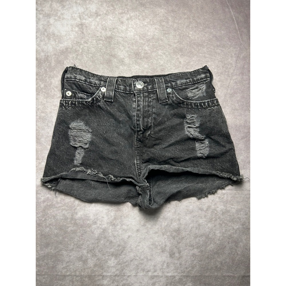 True Religion Women 30 Black Distressed High Waisted Denim Shorts Frayed 1206